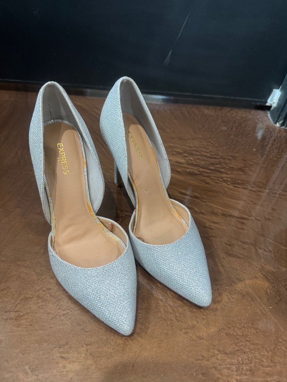 Express Women's Silver Glitter Pointed D'Orsay Heels